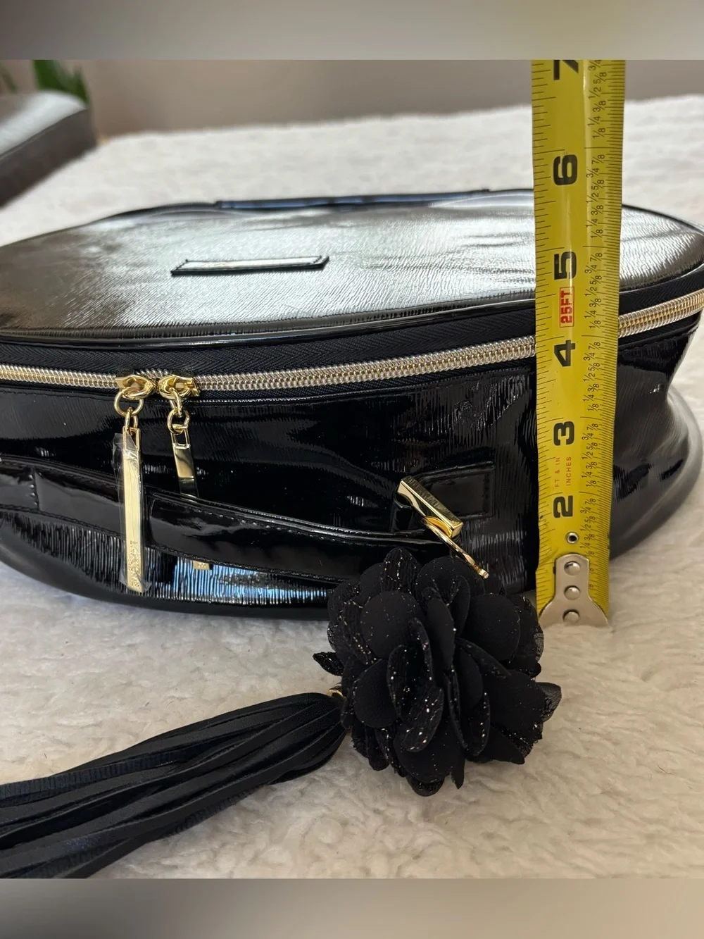 Lanncome Faux Black Patent Cosmetic Case with Tassel Travel Bag